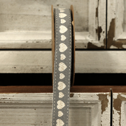 Grey Hearts Linen Ribbon 15mm