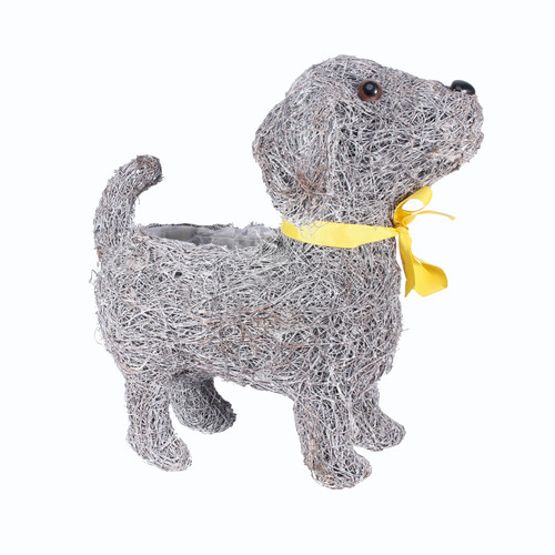 Salim White Wash Dog Planter with Yellow Bow (29cm)