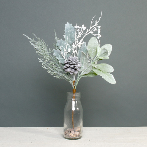 Lambs Ear, Holly, Cone & White Berry Flocked Spray (36cm) Lambs Ear, Holly, Cone & White Berry Flocked Spray (36cm)