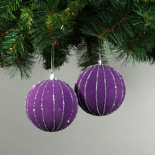 10cm Purple Velvet Baubles with Glitter (Set of 4) 10cm Purple Velvet Baubles with Glitter (Set of 4)