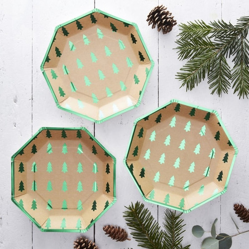 Green Foiled & Kraft Christmas Tree Plates Green Foiled & Kraft Christmas Tree Plates