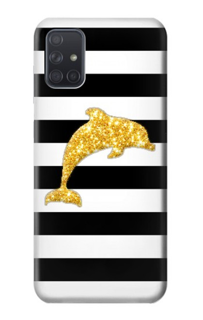 S2882 Black and White Striped Gold Dolphin Hülle Schutzhülle Taschen für Samsung Galaxy A71 5G