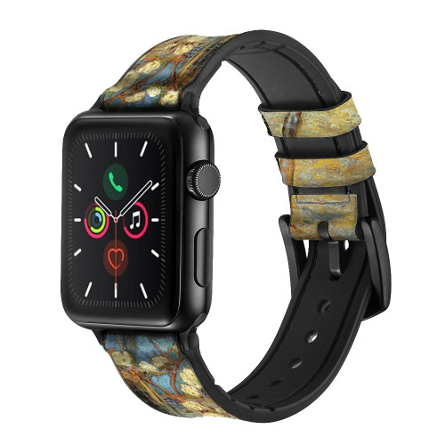 CA0220 Van Gogh Letter Pear Tree Blossom Leather & Silicone Smart Watch Band Strap For Apple Watch iWatch