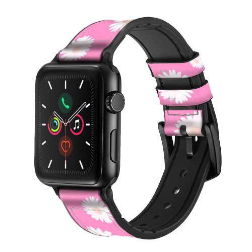CA0792 Pink Floral Pattern Leather & Silicone Smart Watch Band Strap For Apple Watch iWatch