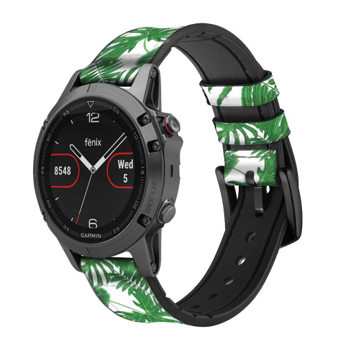 CA0754 Paper Palm Monstera Smart Watch Armband aus Leder und Silikon für Garmin Smartwatch
