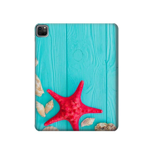 S3428 Aqua Wood Starfish Shell Hülle Schutzhülle Taschen für iPad Pro 12.9 (2022, 2021, 2020, 2018), iPad Air 13 (2025, 2024)
