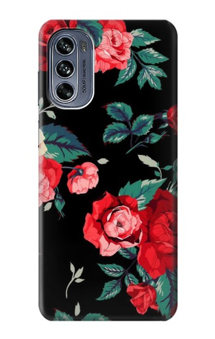 S3112 Rose Floral Pattern Black Hülle Schutzhülle Taschen für Motorola Moto G62 5G