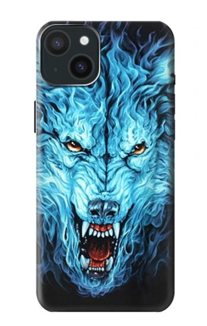 S0752 Blue Fire Grim Wolf Hülle Schutzhülle Taschen für iPhone 15 Plus