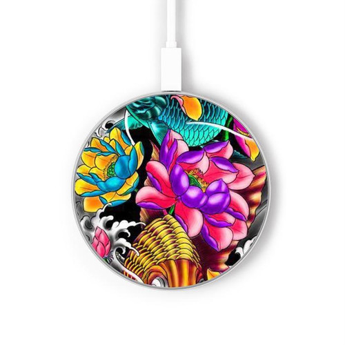 S1630 Fish Japanese Oriental Tattoo Kabelloses Ladegerät Pad 15W Typ-C iPhone Android LED Licht Ladestation