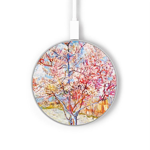 S2450 Van Gogh Peach Tree Blossom Kabelloses Ladegerät Pad 15W Typ-C iPhone Android LED Licht Ladestation