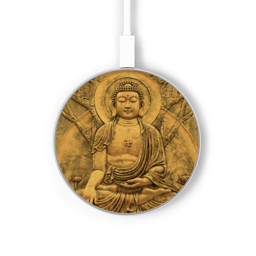 S2452 Buddha Bas Relief Art Graphic Printed Kabelloses Ladegerät Pad 15W Typ-C iPhone Android LED Licht Ladestation