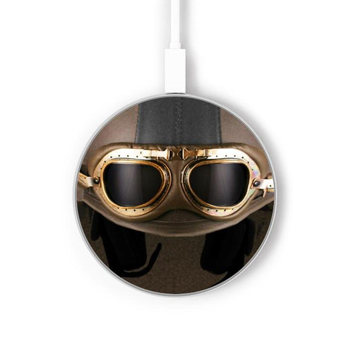 S2645 Vintage Brown Goggles Motorcycle Helmet Kabelloses Ladegerät Pad 15W Typ-C iPhone Android LED Licht Ladestation