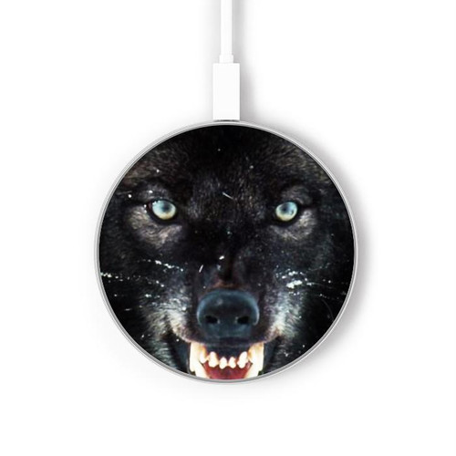 S2823 Black Wolf Blue Eyes Face Kabelloses Ladegerät Pad 15W Typ-C iPhone Android LED Licht Ladestation