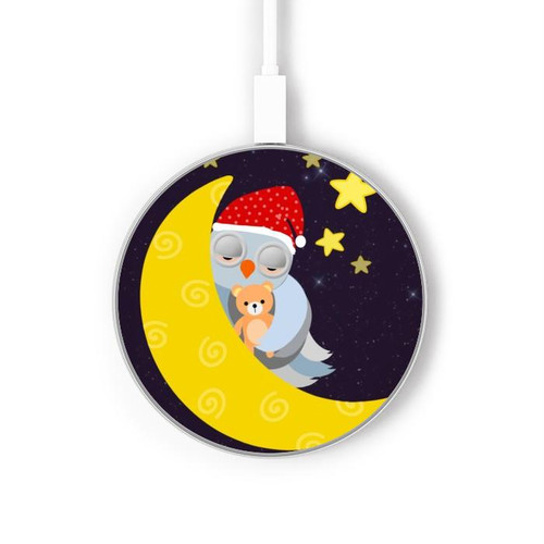S2849 Cute Sleepy Owl Moon Night Kabelloses Ladegerät Pad 15W Typ-C iPhone Android LED Licht Ladestation