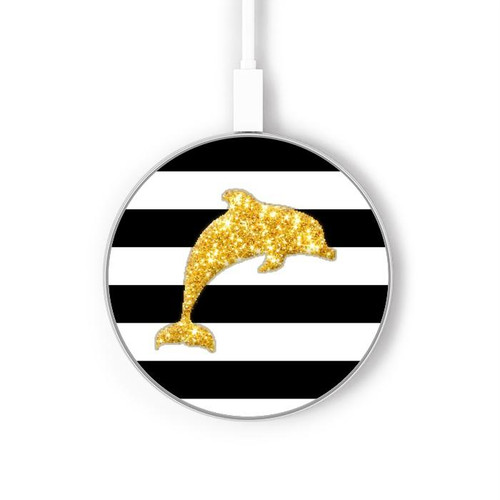 S2882 Black and White Striped Gold Dolphin Kabelloses Ladegerät Pad 15W Typ-C iPhone Android LED Licht Ladestation