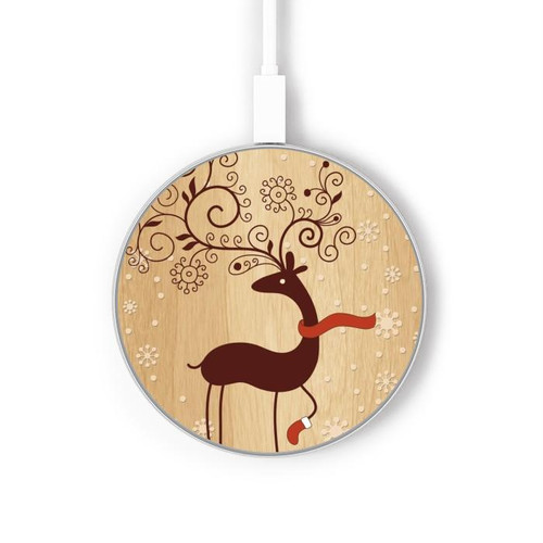 S3081 Wooden Raindeer Graphic Printed Kabelloses Ladegerät Pad 15W Typ-C iPhone Android LED Licht Ladestation