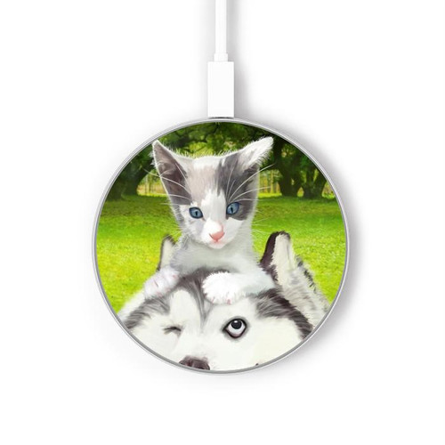 S3795 Kitten Cat Playful Siberian Husky Dog Paint Kabelloses Ladegerät Pad 15W Typ-C iPhone Android LED Licht Ladestation