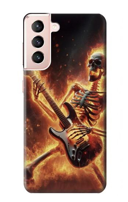 S3984 Fire Skeleton Playing Guitar Hülle Schutzhülle Taschen für Samsung Galaxy S21 5G