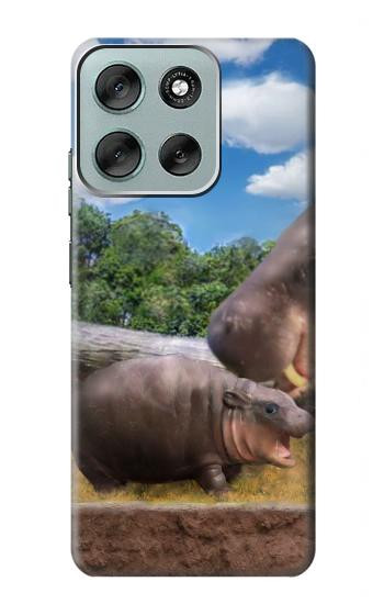 S4031 Baby Hippo Hippopotamus Family Hülle Schutzhülle Taschen für Motorola Moto G56