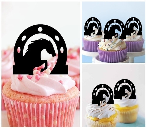 TA0379 Horse Inside Horseshoe Kuchenaufsätze Hochzeit Geburtsta Acryl Cupcake Kuchen Topper für Kuchen Party Dekor 10 Stück