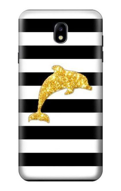 S2882 Black and White Striped Gold Dolphin Hülle Schutzhülle Taschen für Samsung Galaxy J7 (2018), J7 Aero, J7 Top, J7 Aura, J7 Crown, J7 Refine, J7 Eon, J7 V 2nd Gen, J7 Star