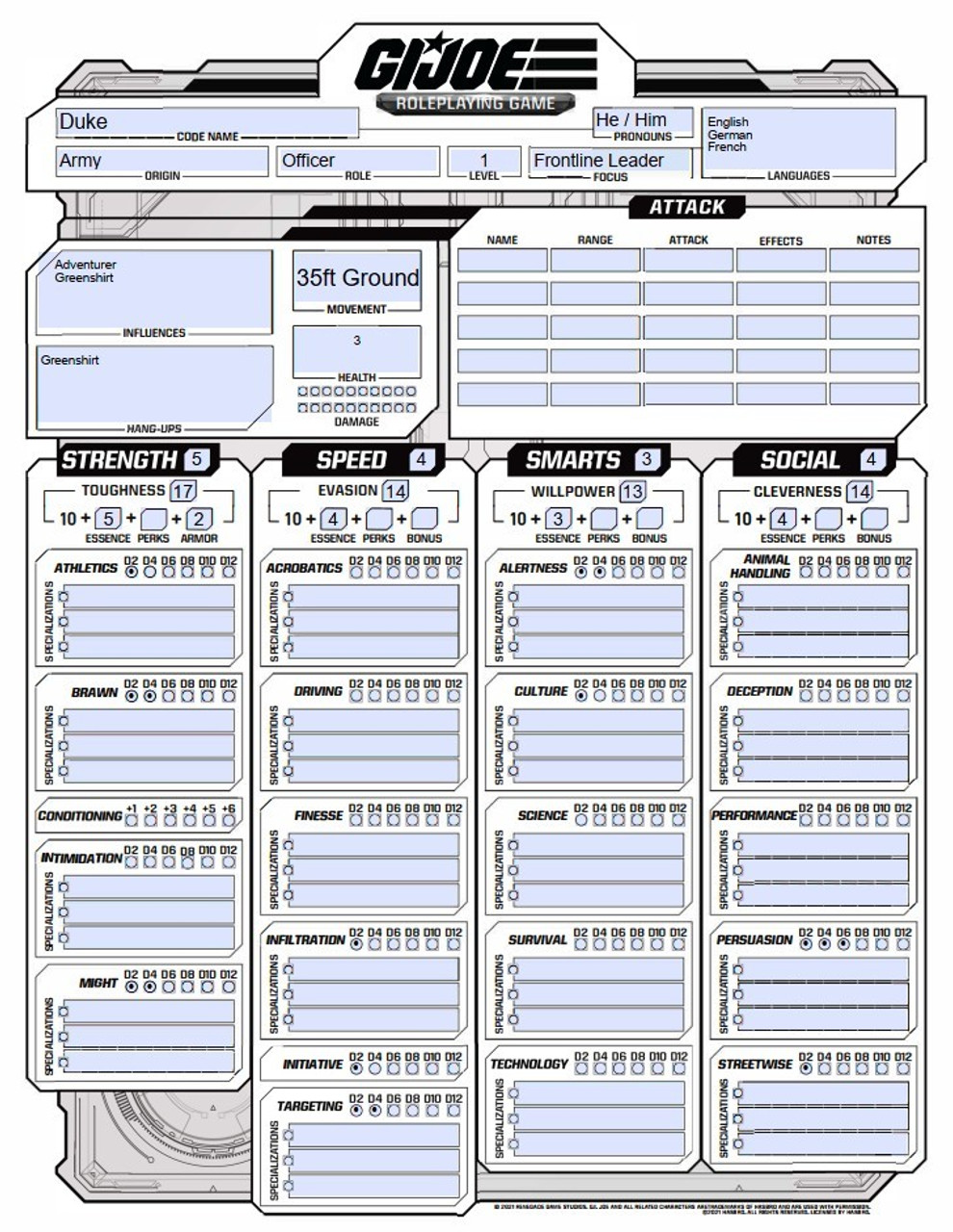 G.I. JOE Roleplaying Game PDF Pre-Gen Character Sheets