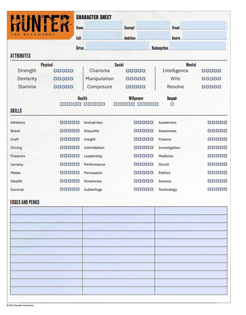 Hunter: The Reckoning 5th Edition Roleplaying Game Fillable PDF