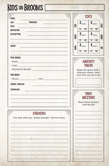 Kids on Brooms Character Sheet Kids on Brooms Character Sheet