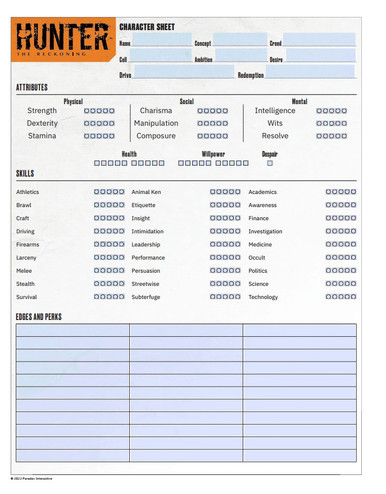 Hunter: The Reckoning 5th Edition Roleplaying Game Fillable PDF ...