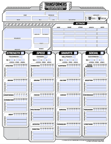 Transformers Roleplaying Game Fillable PDF Character Sheet