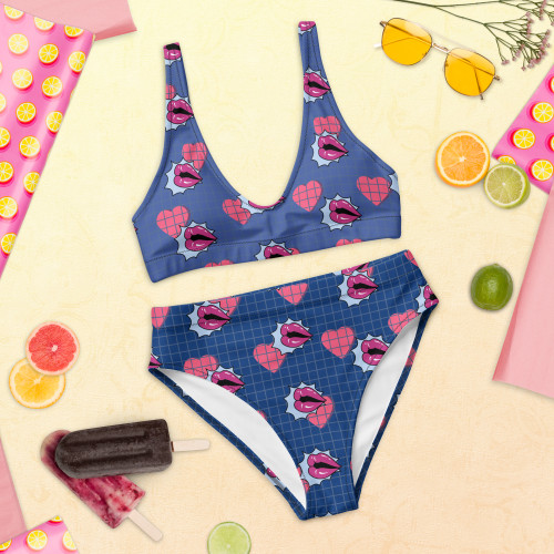 Embrace the Sunshine in Sustainable Style with Our Floral Artwork Recycled High-Waisted Bikini