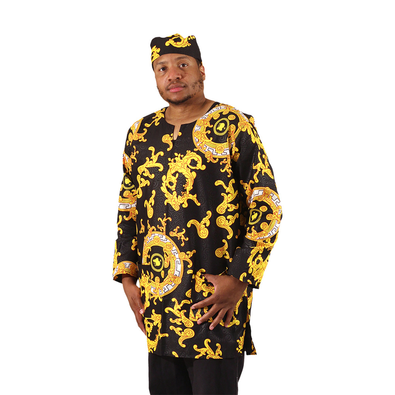 African Print LS Dashiki & Cap - Men's Clothing - African Fashion