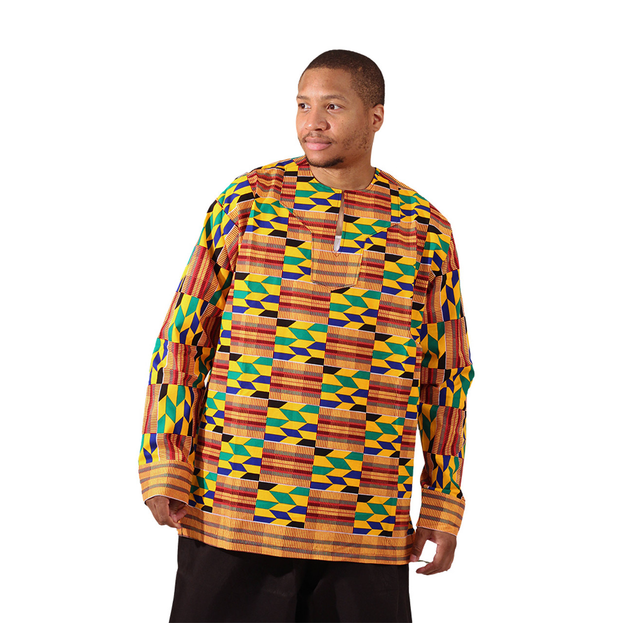 Kente Print Long Sleeve Dashiki - Men's Clothing - African Fashion