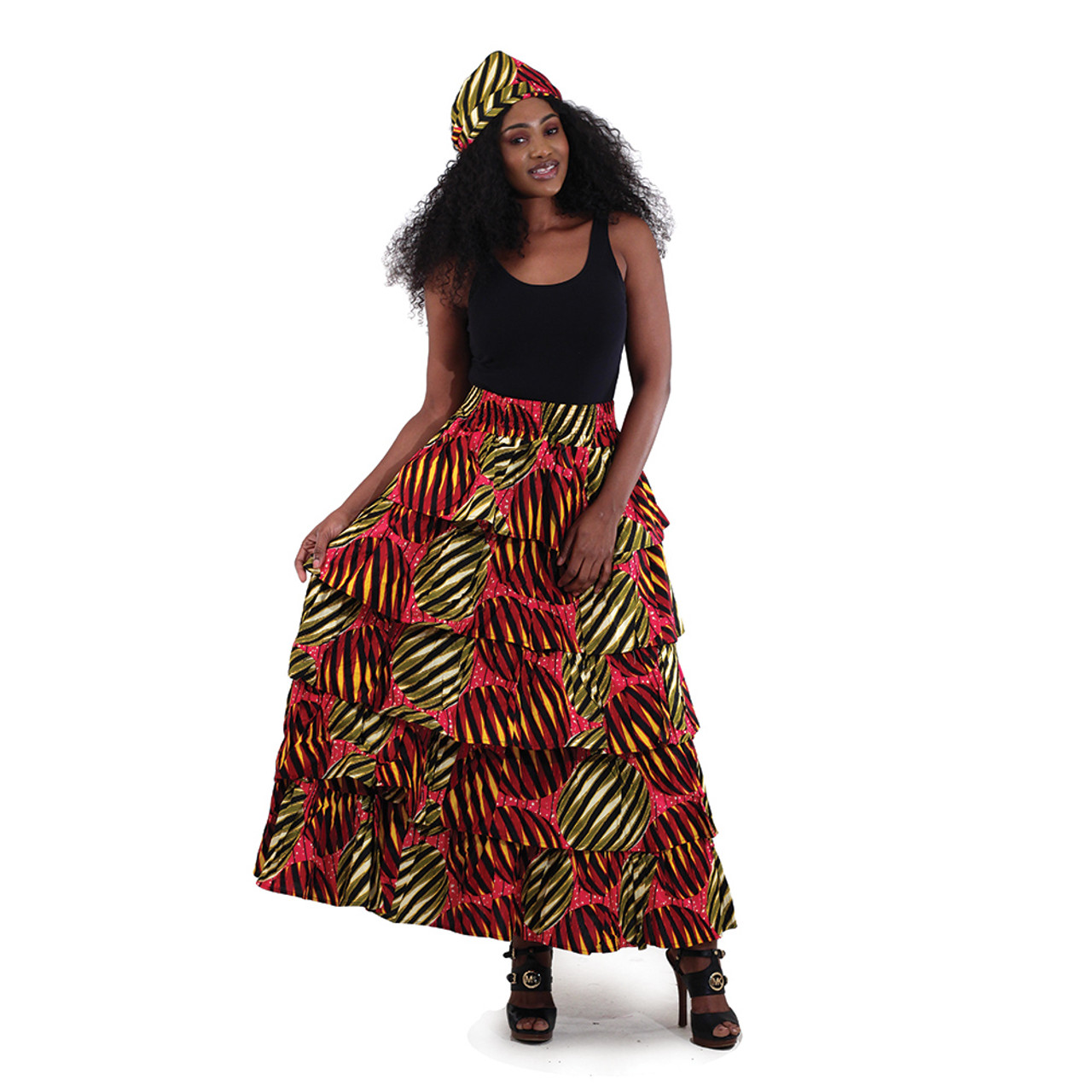 African Print 5-Tier Skirt: Pink - Women's Dresses-African Fashion