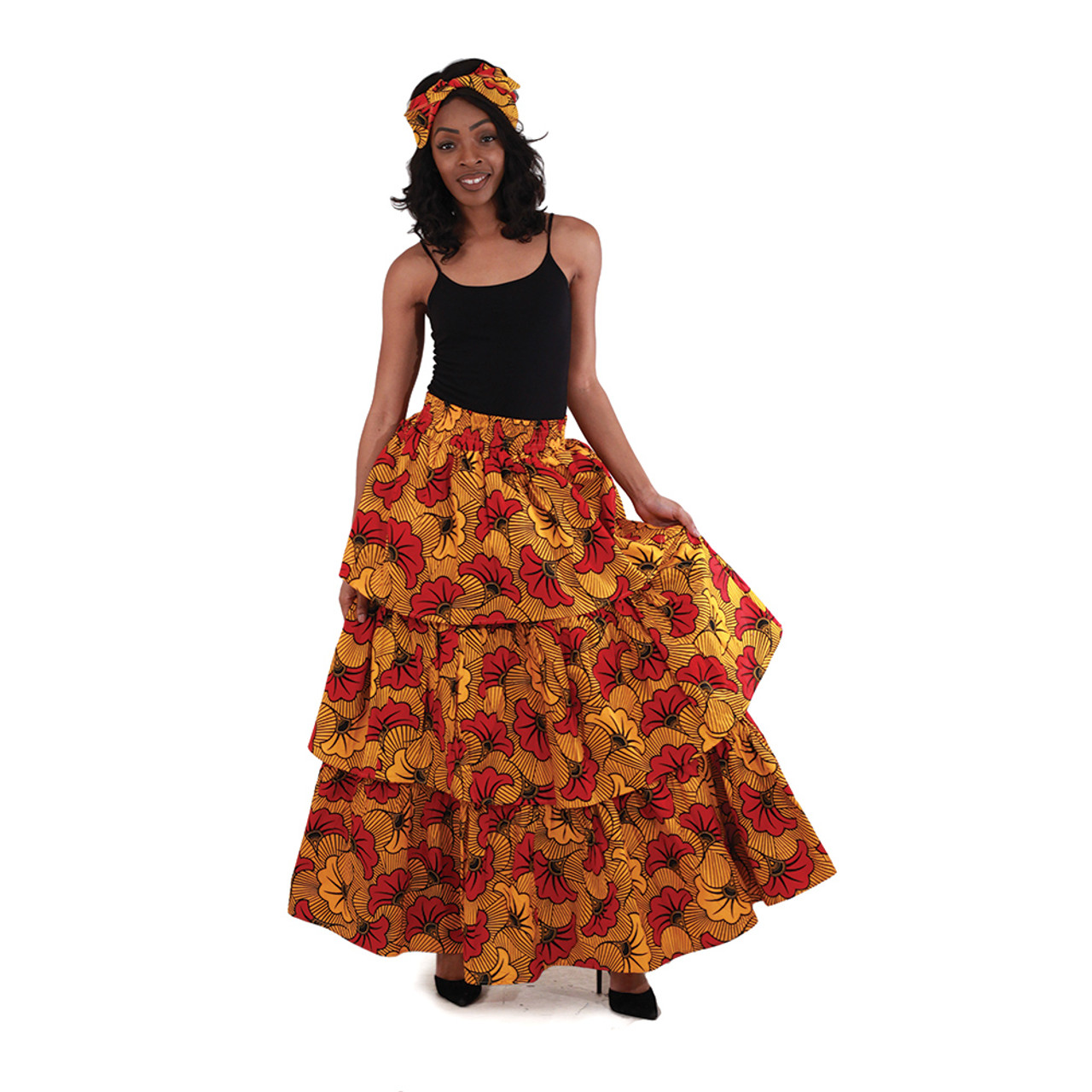 3-Tier Elastic Skirt: Orange Flowers - Women's Dresses-African Fashion