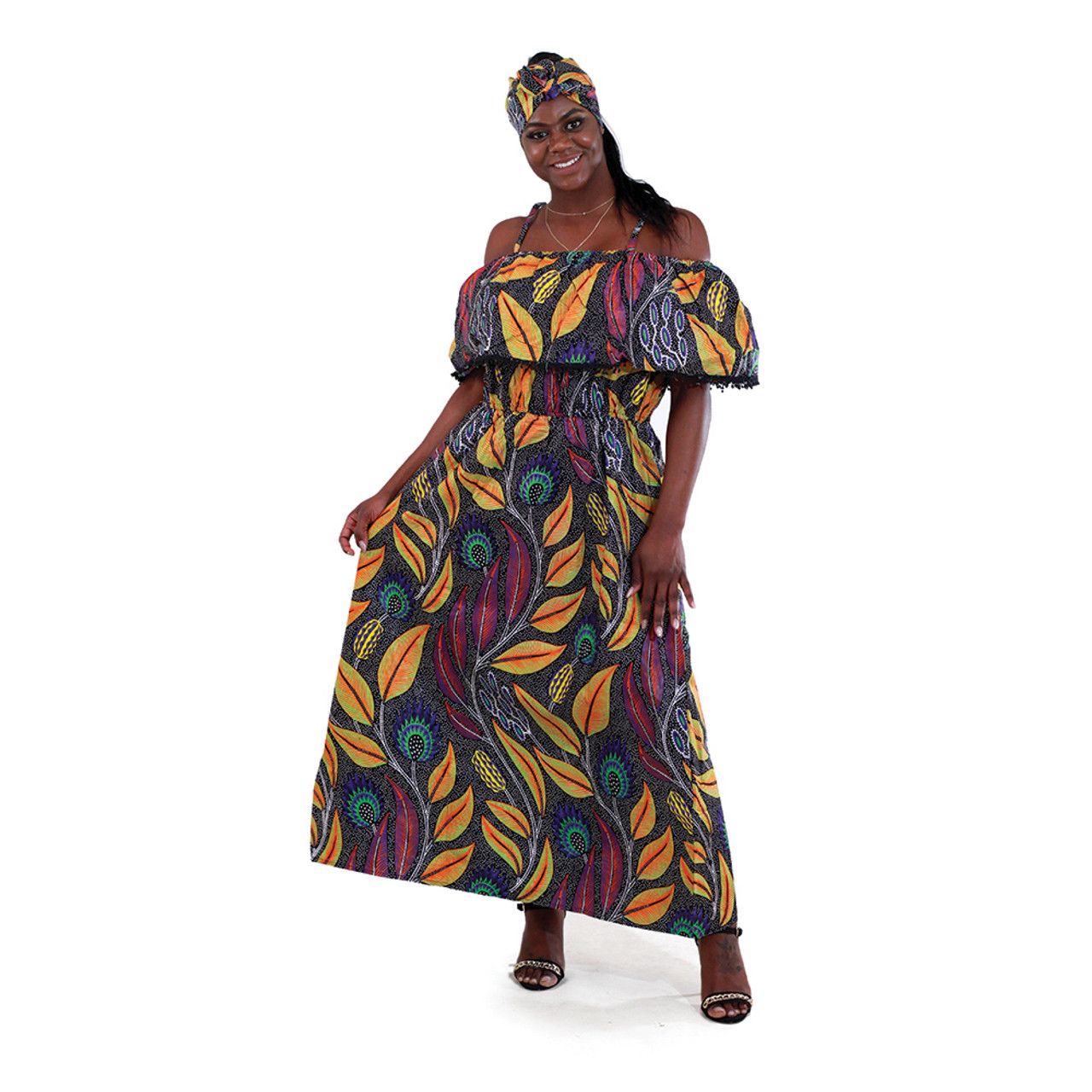 African Print Long Dress: Black Floral - Women's Dresses-African Fashion