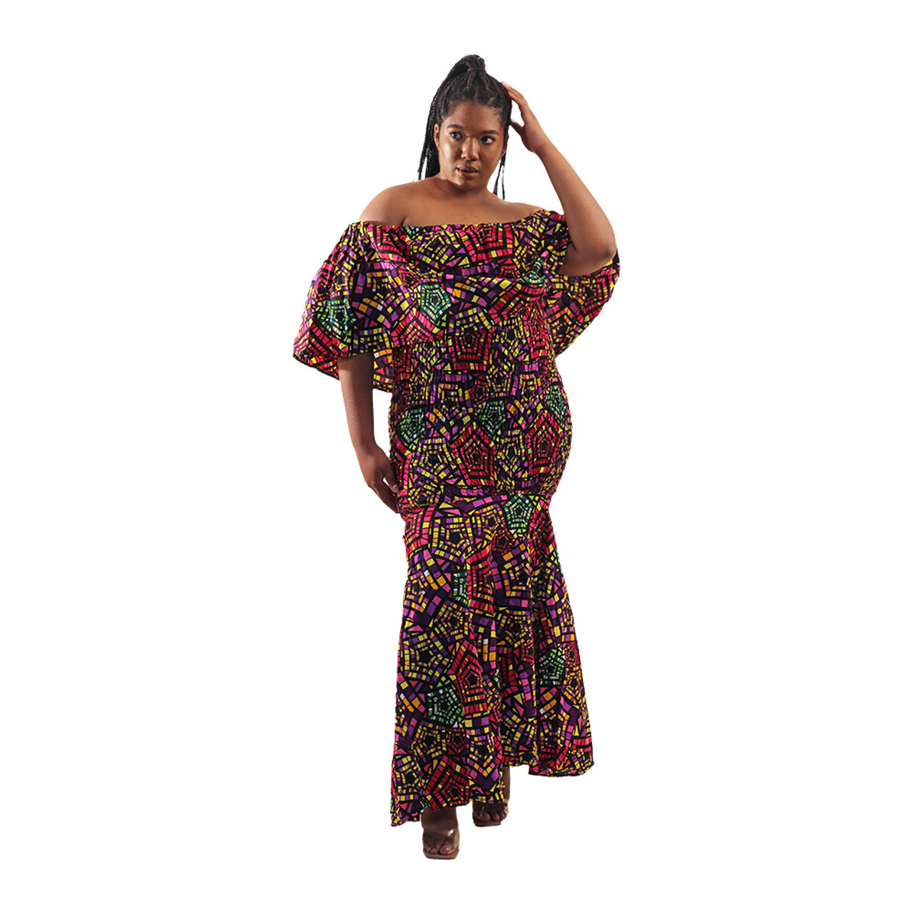 Off Shoulder Multi Color Elastic Dress - Women's Dresses-African Fashion