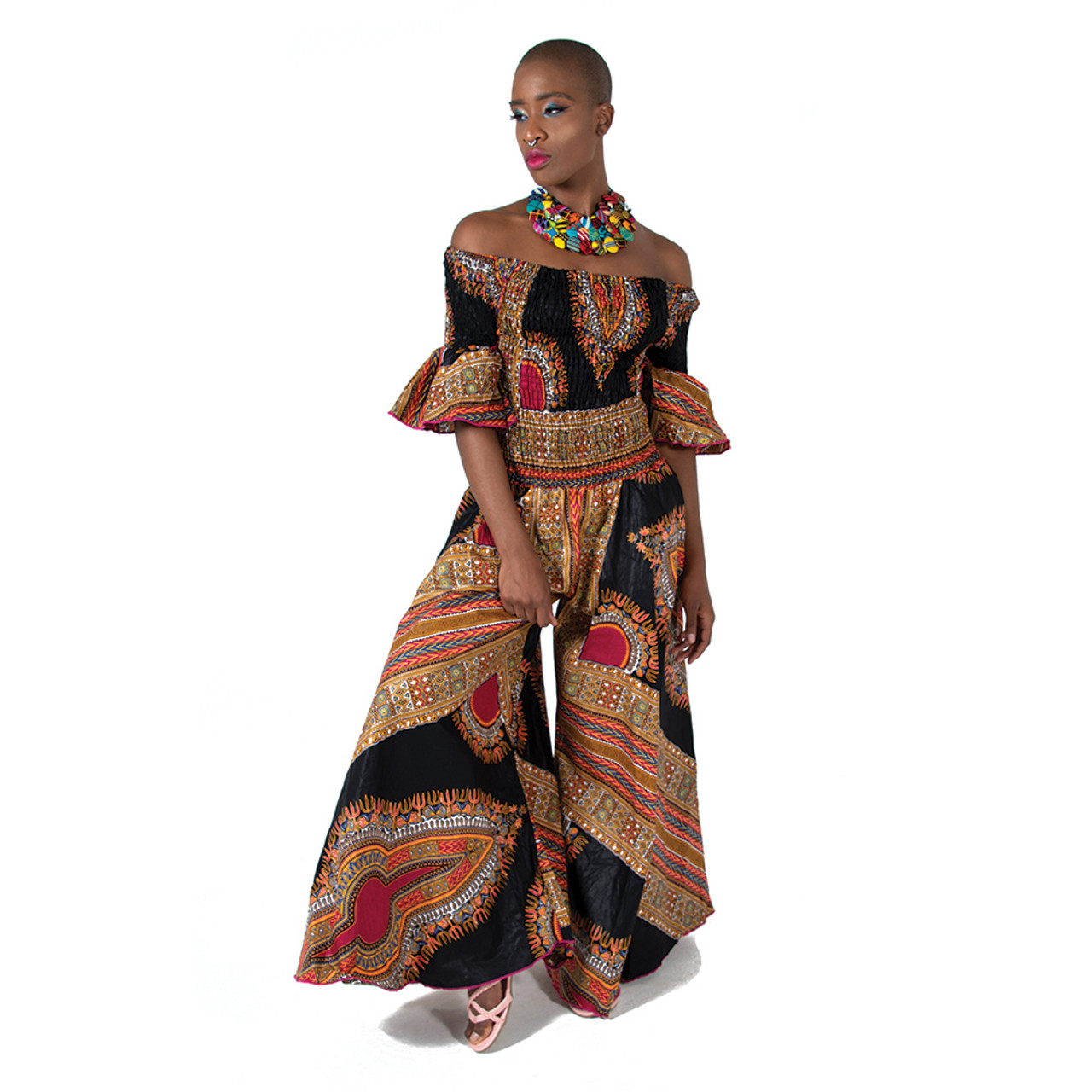 Black Trad Print Off-Shoulder Jumpsuit - African Women's Clothing