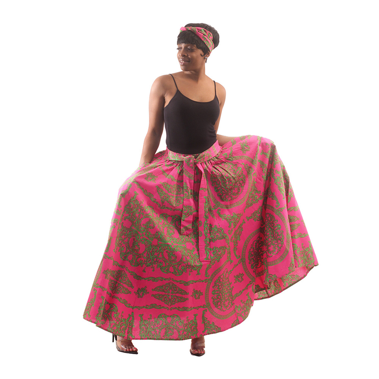 Royalty Print Maxi Skirt: Pink/Green - Women's Skirts