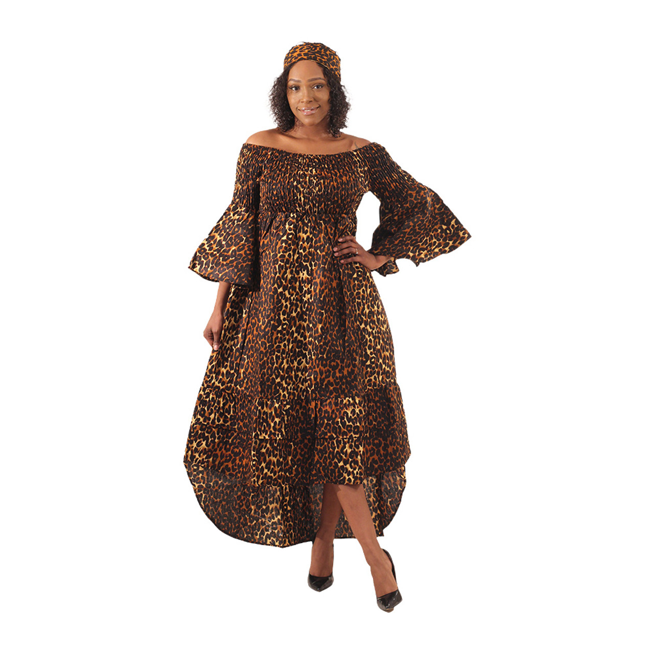 Leopard Print Long Smocked Dress - Women's Dresses-African Fashion