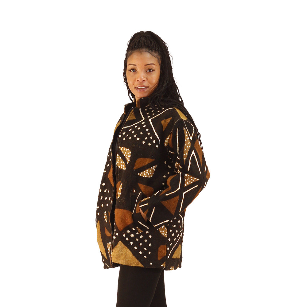 Mid-Length Mud Cloth Fashion Coat - Alt Collar - Africa Imports