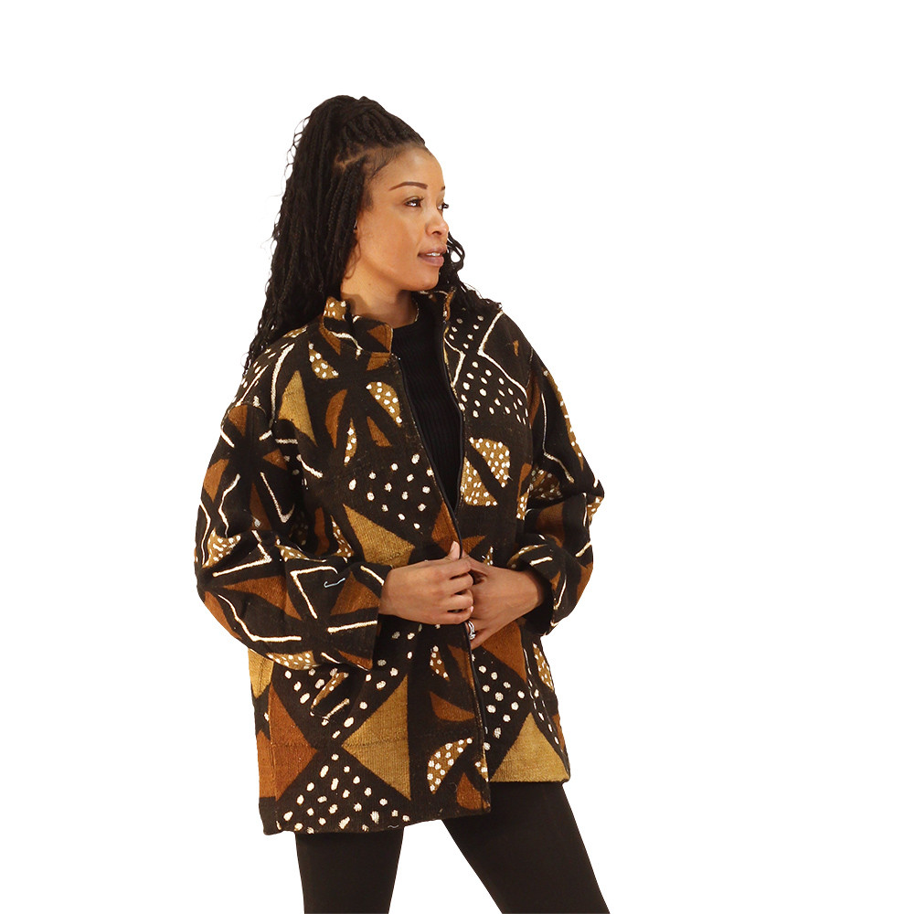Mid-Length Mud Cloth Fashion Coat - Alt Collar - Africa Imports