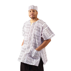 White Mud Print Dashiki & Cap