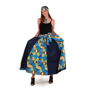 African Print/Denim Long Skirt: Lt.Blue
