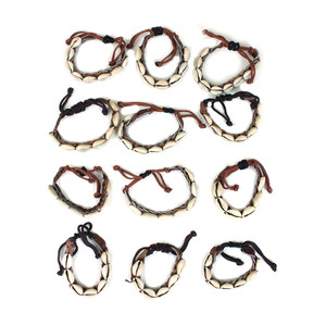 Set Of 12 Leather & Shell Bracelets: Brn