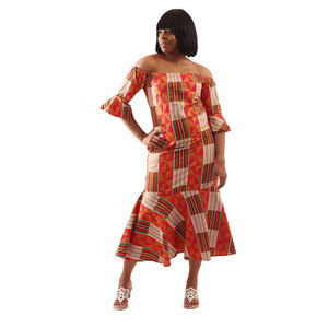 Red Kente Off-The-Shoulder Dress