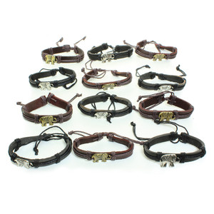 Set 12 Leather Elephant Charm Bracelets