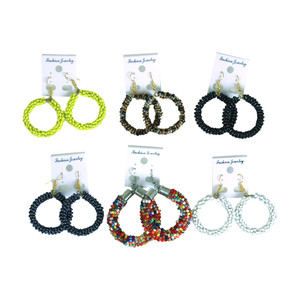 Set Of 6 Kenyan Beaded Hoop Earrings - Assorted Colors