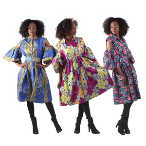 Buy Set of 3 Ankara Print Open Shoulder Button Dresses - ASSORTED