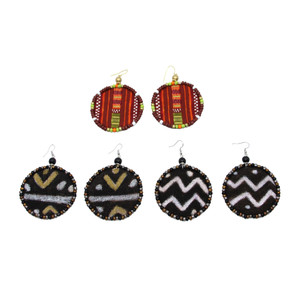 Set of 3 Large Handmade Beaded Mud Cloth Earrings - Set C